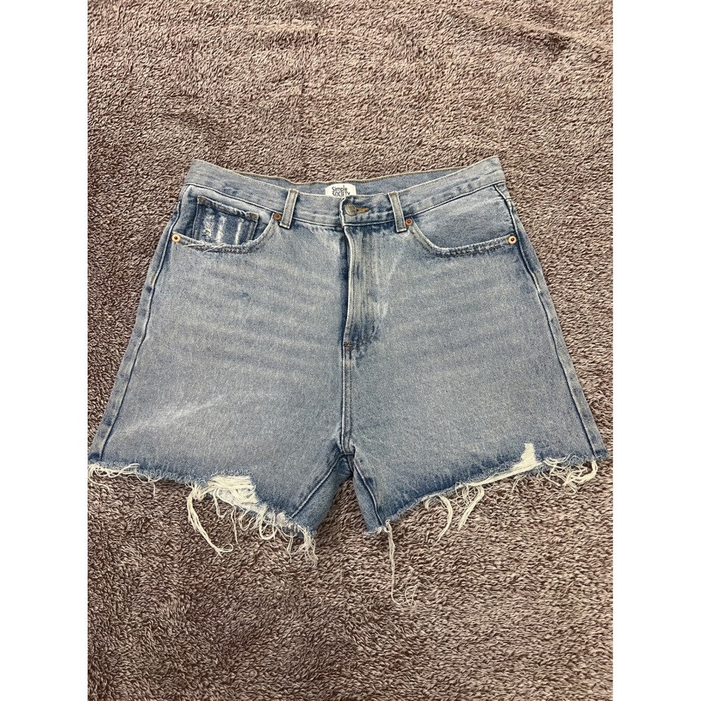 Simple Society Women's 11/30 Distressed Denim Shorts High Rise Raw Hem Cutoff